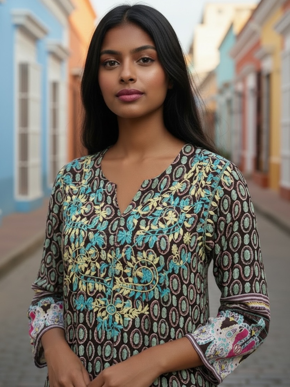 Raj Brown Tunic with Teal and Pink Embroidery s